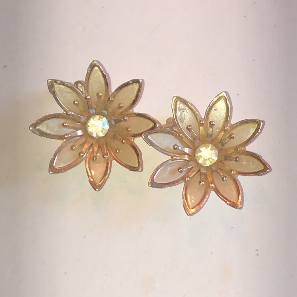 Coro Cream Color Floral Crystal Clip-On Earrings